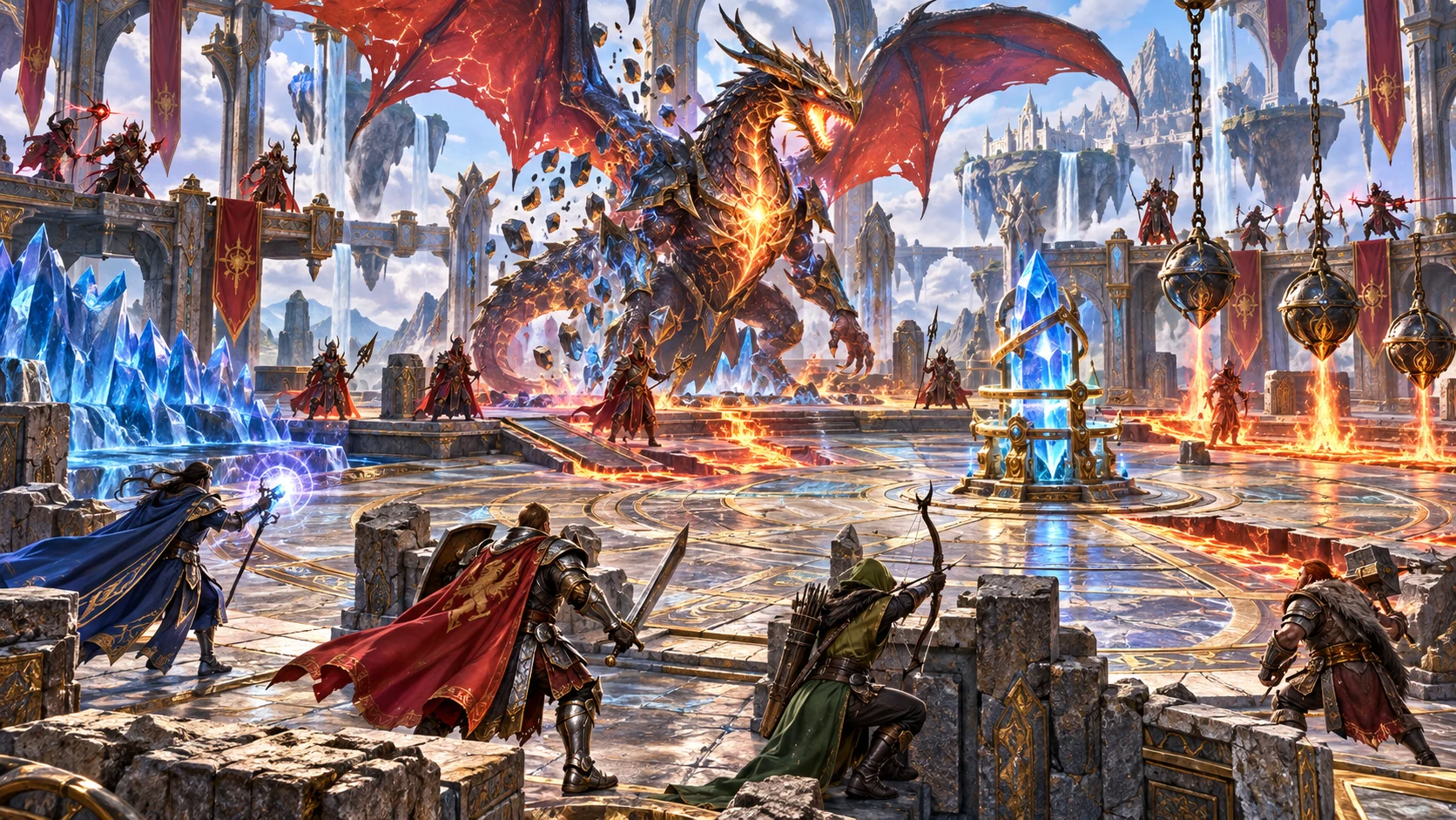 Fantasy illustration of heroes facing a dragon boss around a tactical arena with cover, hazards and interactive crystals