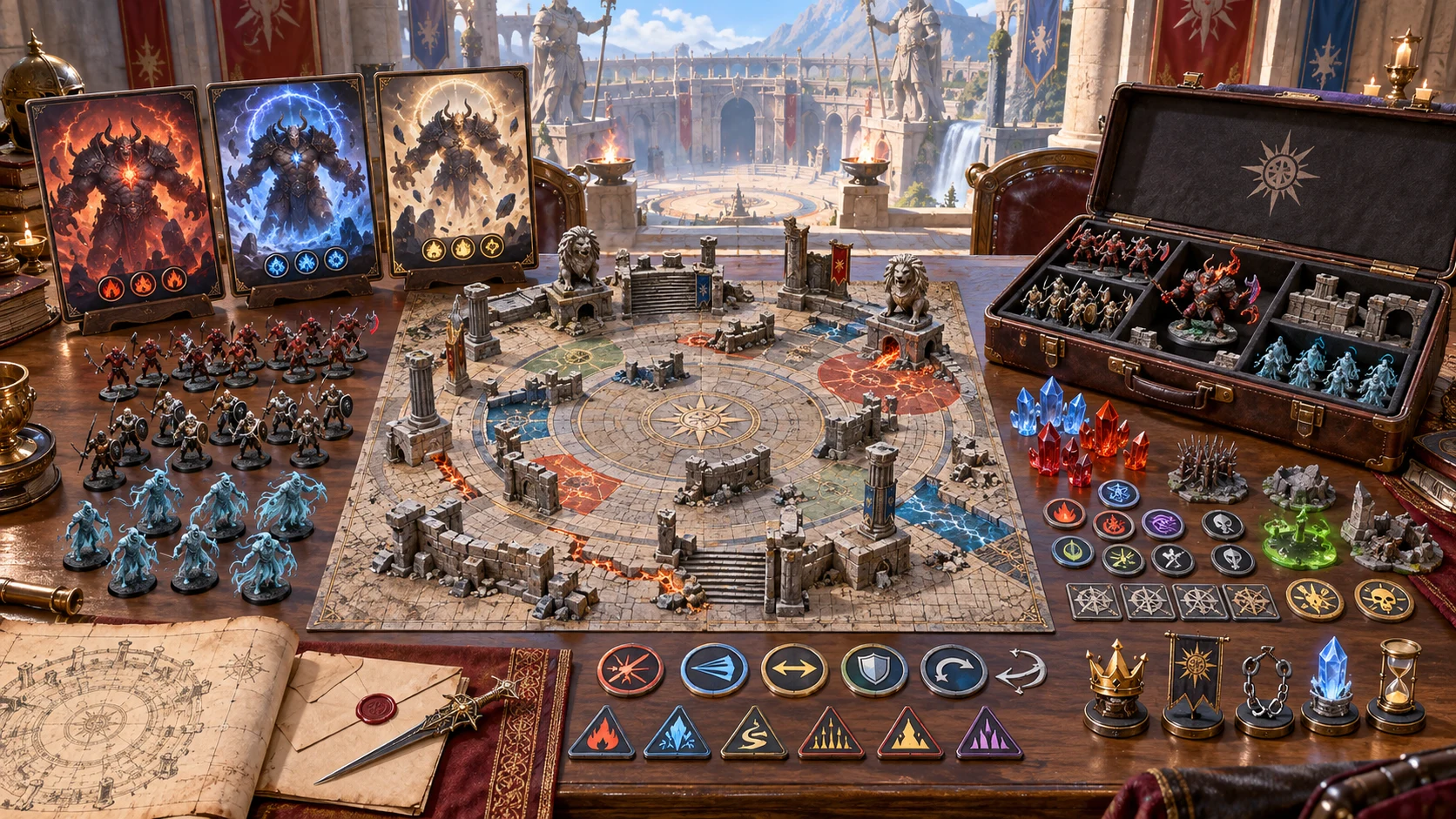 Illustration of organised boss phase concepts, minion figures, arena terrain and encounter preparation notes