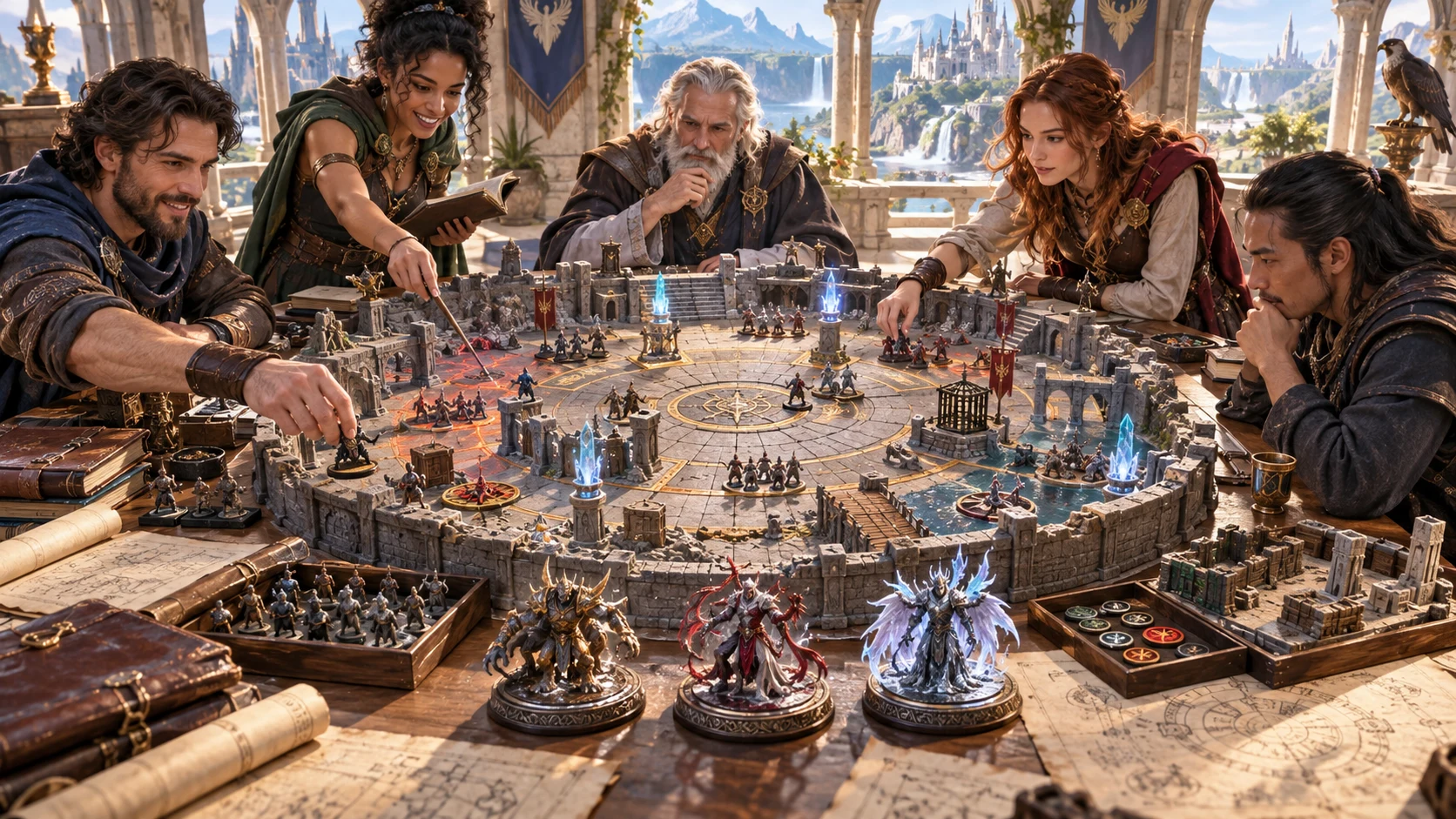 Illustration of a tabletop group preparing a boss encounter with phase figures and an arena